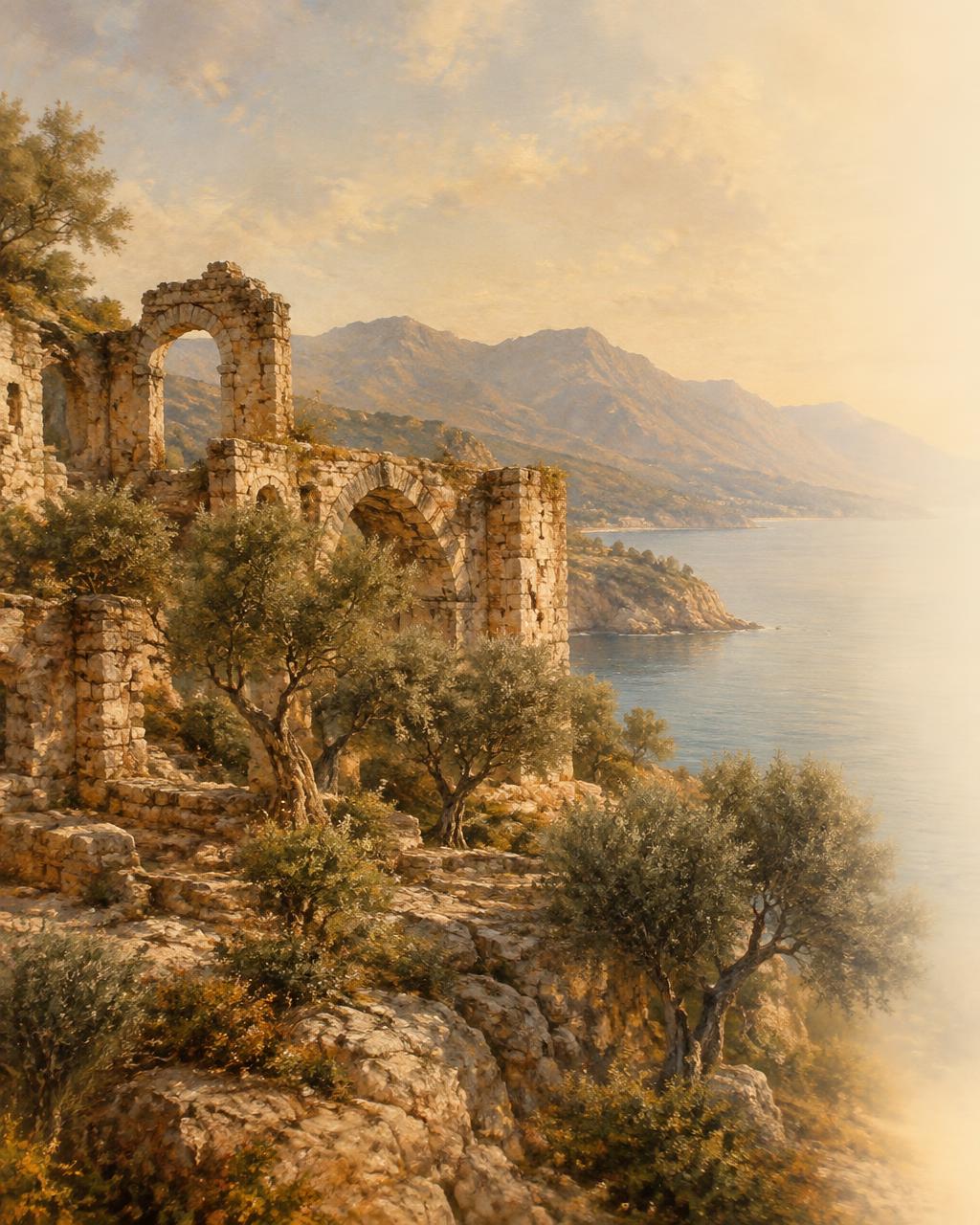 Ancient stone ruins on a sunlit cliff above the sea