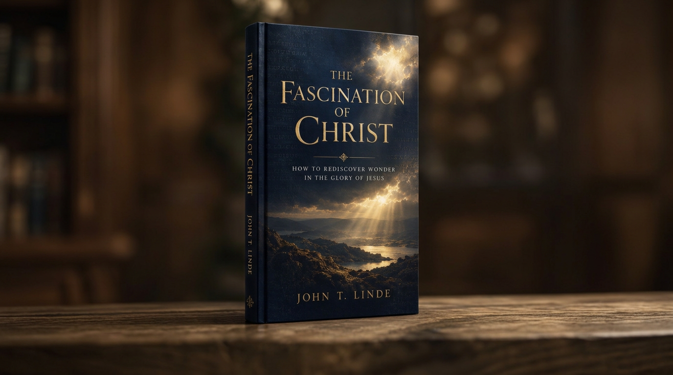 The Fascination of Christ hardcover standing on a wooden table in warm light